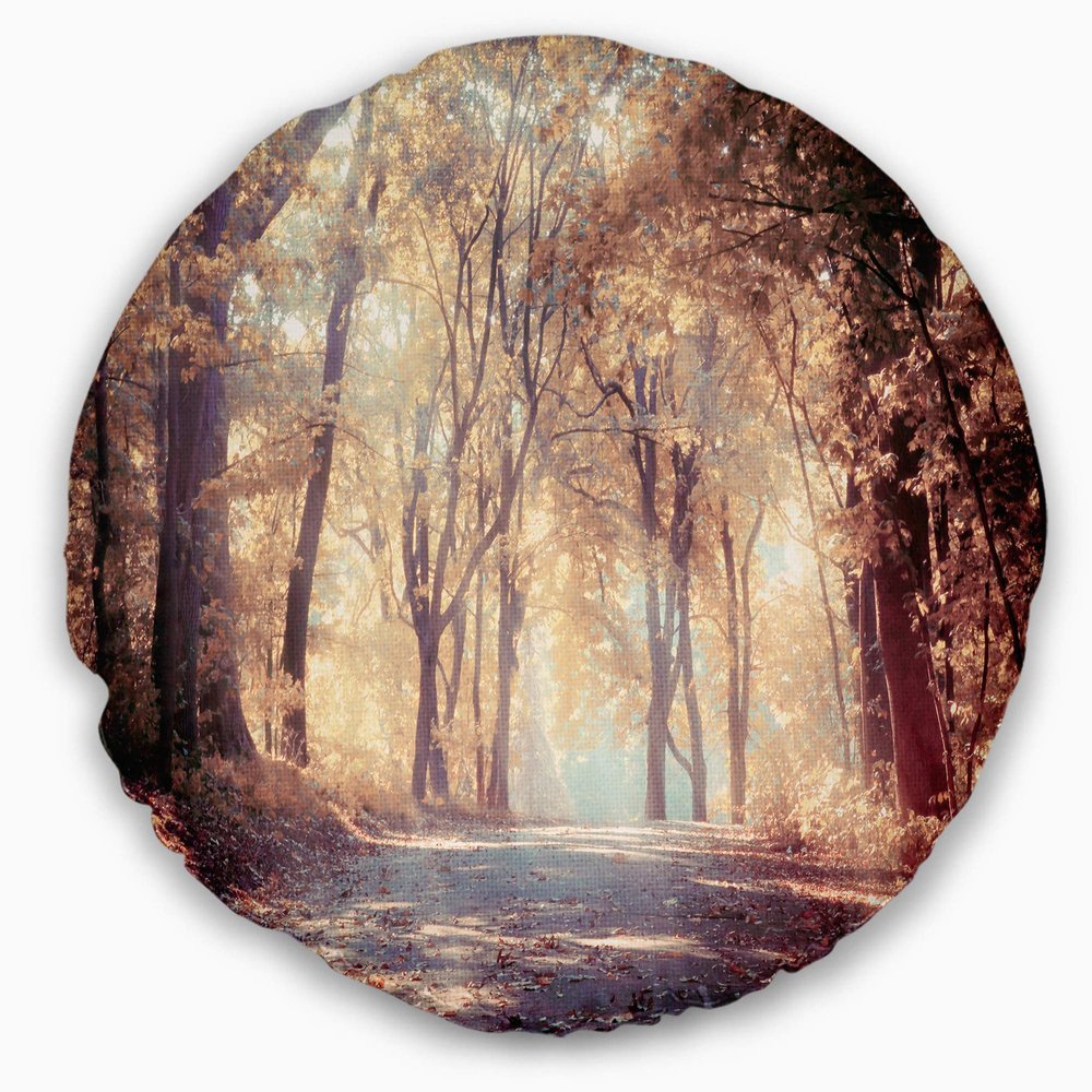 Designart Golden Autumn Beautiful Forest' Landscape Printed Throw Cushion Pillow Cover for Living Room, Sofa 20" Round