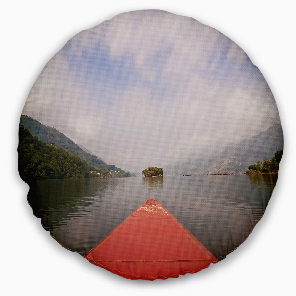 Designart Phewa Lake Pokhara Nepal' Modern Landscape Printed Throw Cushion Pillow Cover for Living Room, Sofa 20" Round
