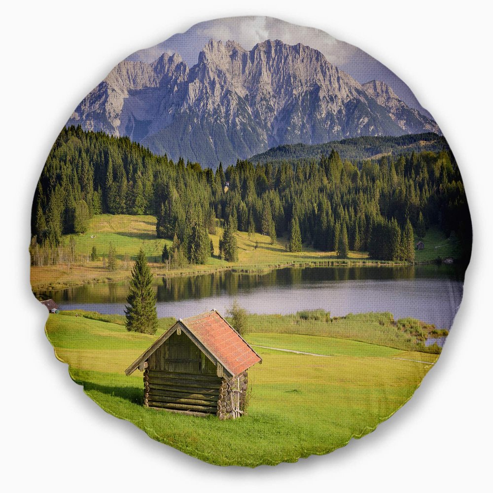 Designart Bavaria with Mountains and Lake' Landscape Printed Throw Cushion Pillow Cover for Living Room, Sofa 20" Round