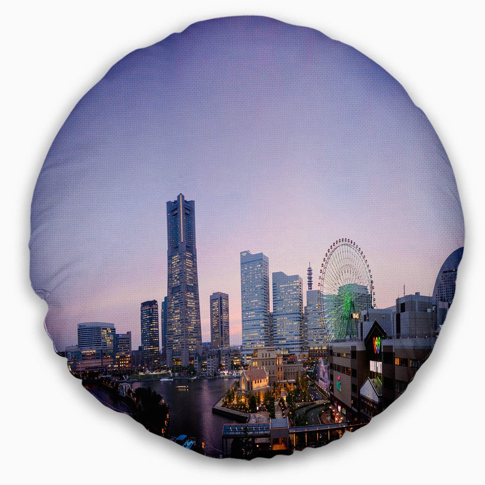 Designart Minato Mirai Yokohama at Twilight' Cityscape Throw Cushion Pillow Cover for Living Room, Sofa 20" Round
