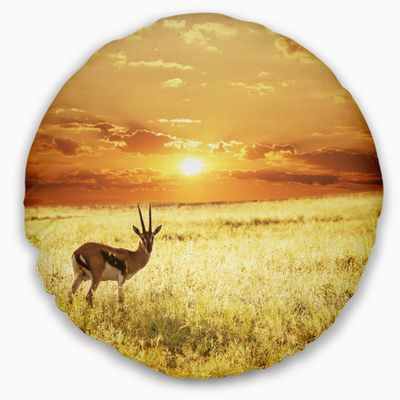 Designart Solitary Antelope in Grassland' African Landscape Printed Throw Cushion Pillow Cover for Living Room, Sofa 20" Round