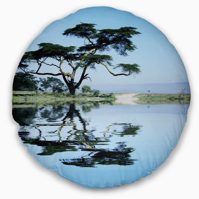 Designart Beautiful Tree Reflecting in Lake' Landscape Throw Living Room, Sofa, High Quality Pillow Insert + Cushion Cover Printed On Both Side 20" Round