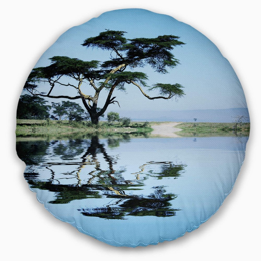 Designart Beautiful Tree Reflecting in Lake' Landscape Throw Living Room, Sofa, High Quality Pillow Insert + Cushion Cover Printed On Both Side 20" Round