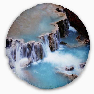 Designart Beautiful Blue Water Cascade' Seashore Throw Living Room, Sofa, High Quality Pillow Insert + Cushion Cover Printed On Both Side 20" Round