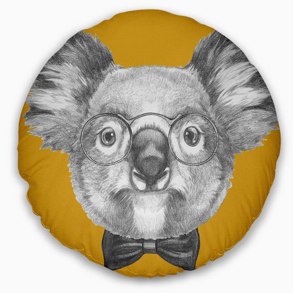 Designart Koala with Glasses and Bow Tie' Contemporary Animal Throw Living Room, Sofa, High Quality Pillow Insert + Cushion Cover Printed On Both Side 20" Round