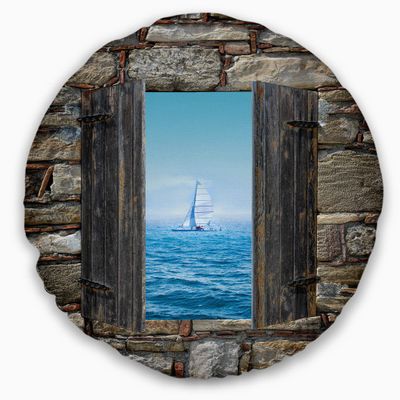 Designart Window Open to Sailing Boat' Seascape Throw Living Room, Sofa, High Quality Pillow Insert + Cushion Cover Printed On Both Side 20" Round