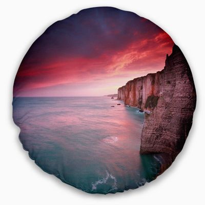 Designart Dramatic Sunrise Over Sea and Cliffs' Beach Photo Throw Living Room, Sofa, High Quality Pillow Insert + Cushion Cover Printed On Both Side 20" Round