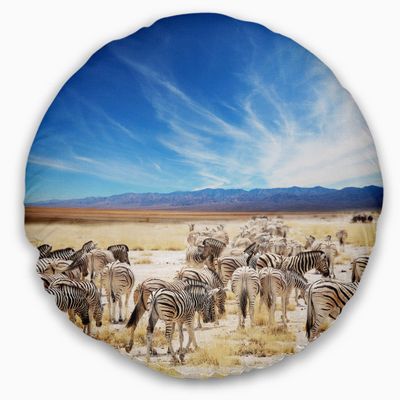 Designart Herd of Zebras Under Blue Sky' African Throw Cushion Pillow Cover for Living Room, Sofa 20" Round