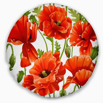 Designart Seamless Pattern of Red Poppies' Floral Throw Cushion Pillow Cover for Living Room, Sofa 20" Round