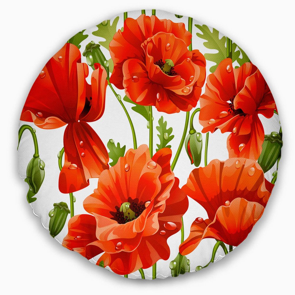 Designart Seamless Pattern of Red Poppies' Floral Throw Cushion Pillow Cover for Living Room, Sofa 20" Round