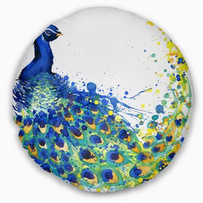 Designart Exotic Peacock Watercolor' Contemporary Animal Throw Living Room, Sofa, High Quality Pillow Insert + Cushion Cover Printed On Both Side 20" Round