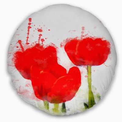 Designart Bright Red Tulip Flowers with Splashes' Floral Throw Living Room, Sofa, High Quality Pillow Insert + Cushion Cover Printed On Both Side 20" Round