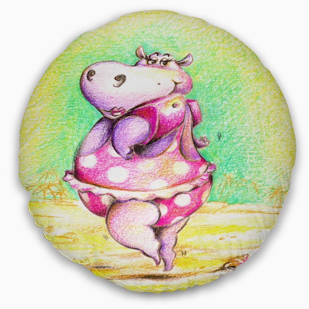 Designart Cute Hippo Goes Swimming' Abstract Throw Cushion Pillow Cover for Living Room, Sofa 20" Round