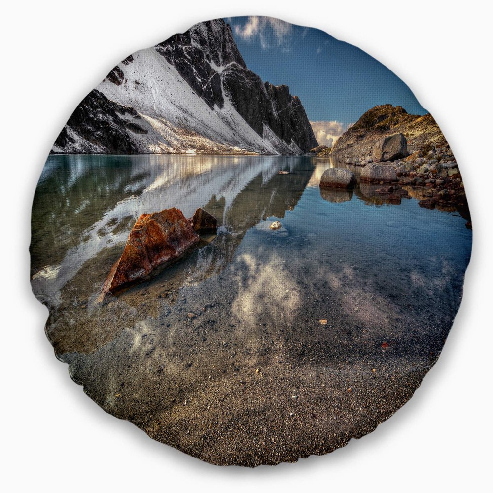 Designart Sapphire Mountain Lake View' Landscape Throw Living Room, Sofa, High Quality Pillow Insert + Cushion Cover Printed On Both Side 20" Round