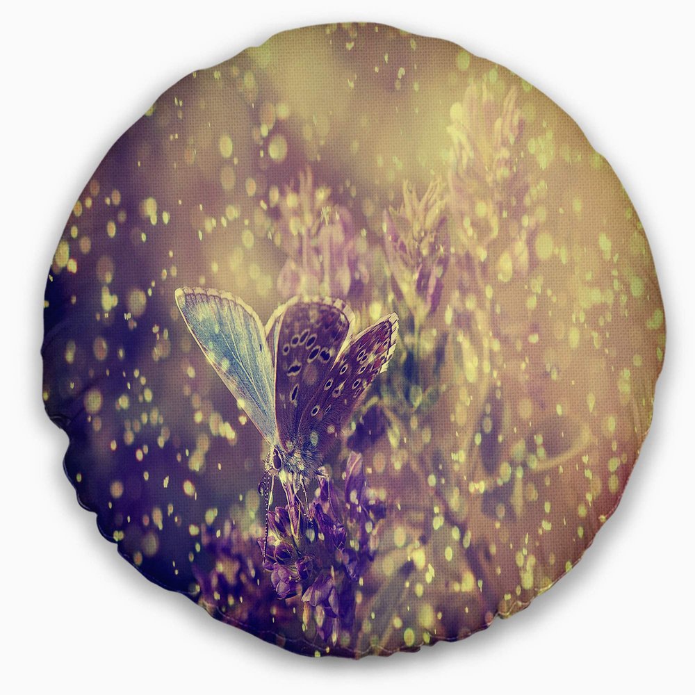 Designart Blue Butterfly and Purple Flowers' Floral Throw Living Room, Sofa, High Quality Pillow Insert + Cushion Cover Printed On Both Side 20" Round