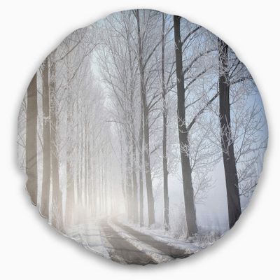 Designart Winter Rural Road on Misty Morning' Forest Throw Living Room, Sofa, High Quality Pillow Insert + Cushion Cover Printed On Both Side 20" Round