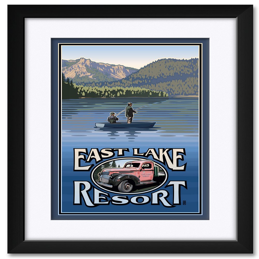 East Lake Resort Fishing Professionally Framed & Matted Art Print from Travel Artwork by Artist Paul Leighton Framed Art Size: 18" x 24"