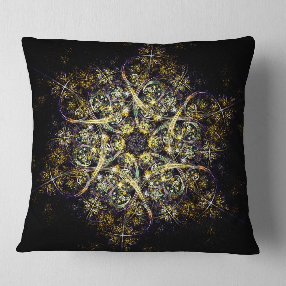 Designart Black Yellow Fractal Flower Pattern' Abstract Throw Living Room, Sofa, High Quality Pillow Insert + Cushion Cover Printed On Both Side 16 in. x 16 in