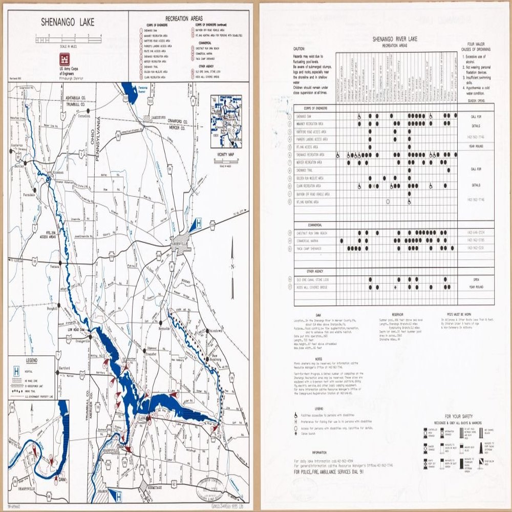 14" x 24" 1995 Map of Shenango Lake Pennsylvania & Ohio