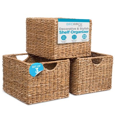 BIRDROCK HOME Storage Shelf Organizer Baskets with Handles - Handwoven Abaca Seagrass Wicker Basket for Pantry, Living Room, Office & Bathroom, Versatile Under Shelf Storage - Set of 3, Natural