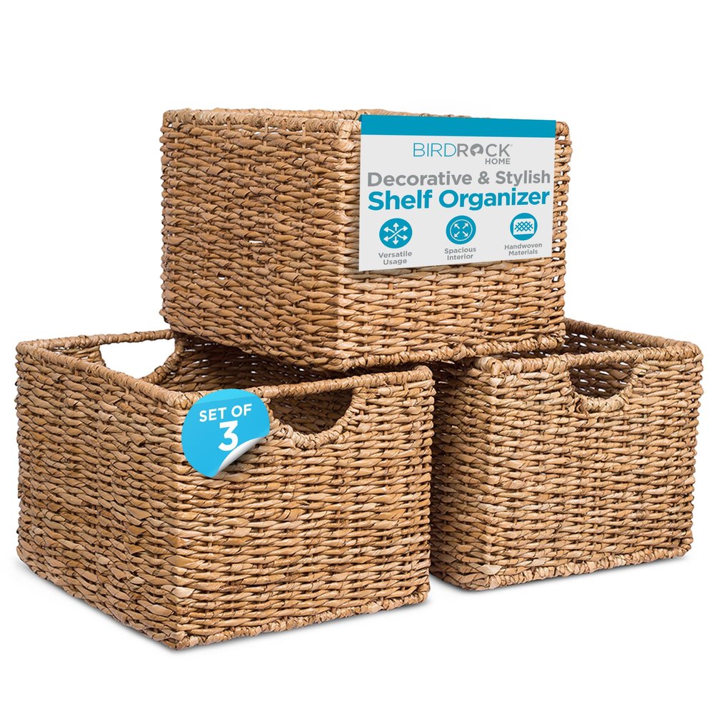 BIRDROCK HOME Storage Shelf Organizer Baskets with Handles - Handwoven Abaca Seagrass Wicker Basket for Pantry, Living Room, Office & Bathroom, Versatile Under Shelf Storage - Set of 3, Natural