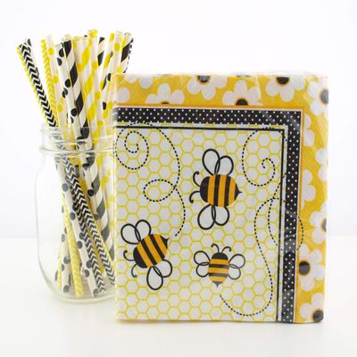 Bumblebee Party Supplies Tableware Kit (Napkins & Straws) -Summer, Spring Party, Birthday Partyware - 16 Ct Bumblebee Paper Napkins & 25 Ct. Straws, Cute Picnic Table Decorations