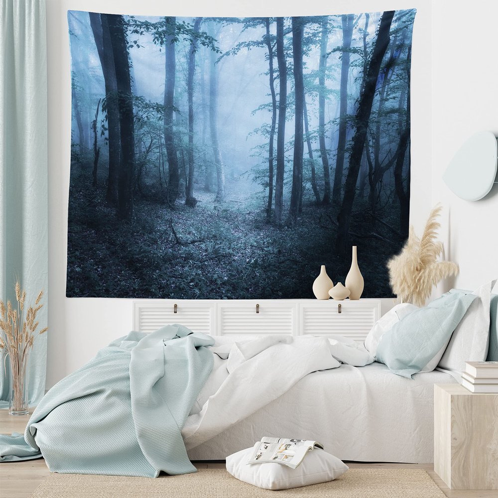 Lunarable Forest Tapestry King Size, Mysterious Forest Foggy Spooky Atmosphere Wet Humid Fantasy Nature Scene, Wall Hanging Bedspread Bed Cover Wall Decor, King Size, Blue Hunter Green
