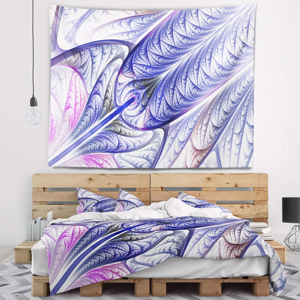 Designart ' Blue on White Fractal Stained Glass' Abstract Tapestry Blanket Dcor Wall Art for Home and Office, Created On Lightweight Polyester Fabric x Large: 92 in. x 78 in