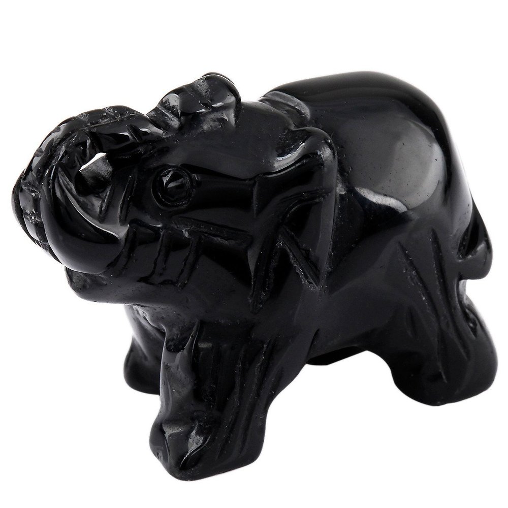 mookaitedecor Black Obsidian Crystal Elephant Sculpture Statue Crafts Healing Reiki Pocket Gemstone Figurines 1.5 Inch