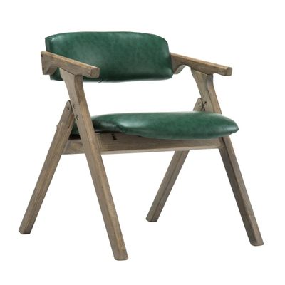 LPZ-STOOL Solid Wood Dining Chair Foldable Chair with Backrest and Armrest Armchair as Desk Chair Padded Stool Seat Lounge Vintage Retro Design (Color : Green PU)