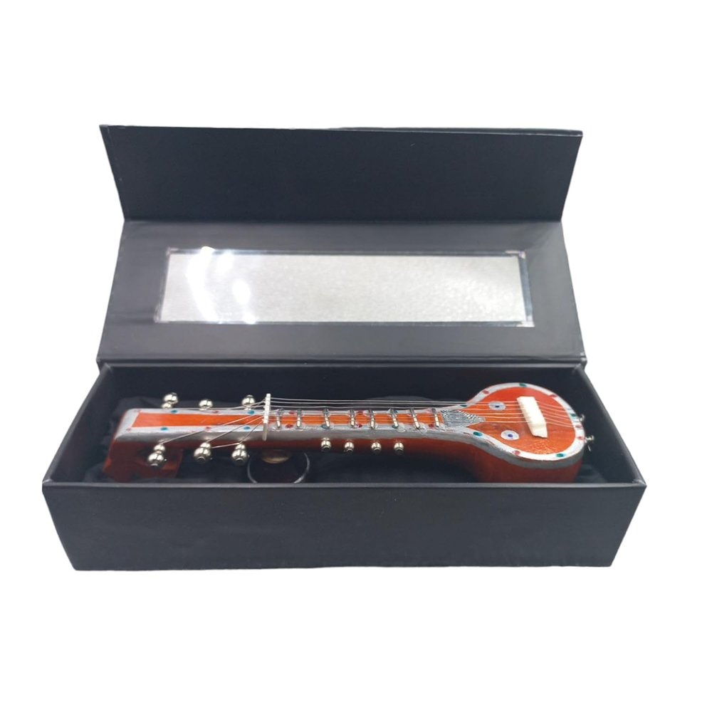 India Meets India - Handicraft Miniature/Showpiece - Veena/Tanpura- Tabletop Showpiece Gift for Music Lovers in Decorative Gift Box- by Awarded Indian Artisan - 7.5" Inch(Mango Wood,Brown)