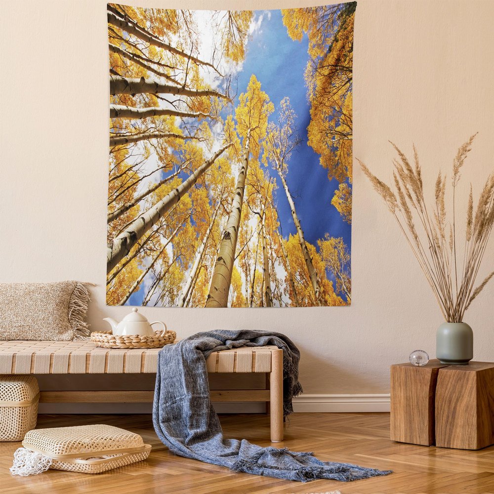 Lunarable Forest Tapestry Twin Size, Tall Aspen Trees to Clouds in Fall Regional Sun Burst Wilderness Nature Depiction, Wall Hanging Bedspread Bed Cover Wall Decor, 68" X 88", Orange Blue