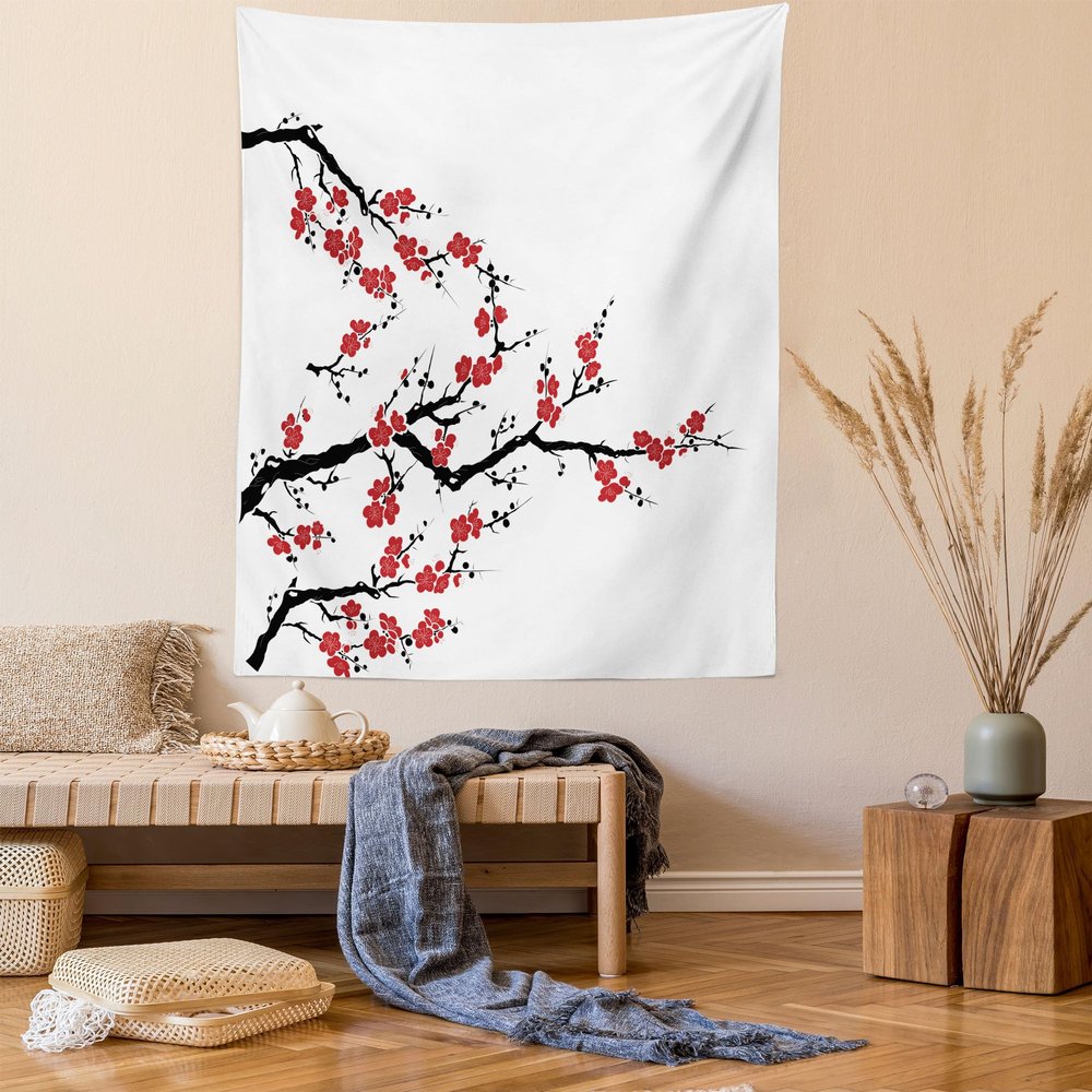 Lunarable Japanese Tapestry King Size, Simplistic Cherry Blossom Tree-Themed Pattern Nature Lines Oriental Art Print, Wall Hanging Bedspread Bed Cover Wall Decor, 23" X 28", Cinnamon Red