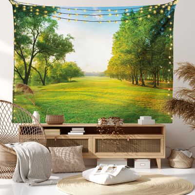 Lunarable Landscape Tapestry King Size, Calming Relaxing Scenery of Valley Hill Grass with Sunbeams Image, Wall Hanging Bedspread Bed Cover Wall Decor, King Size, Blue Green
