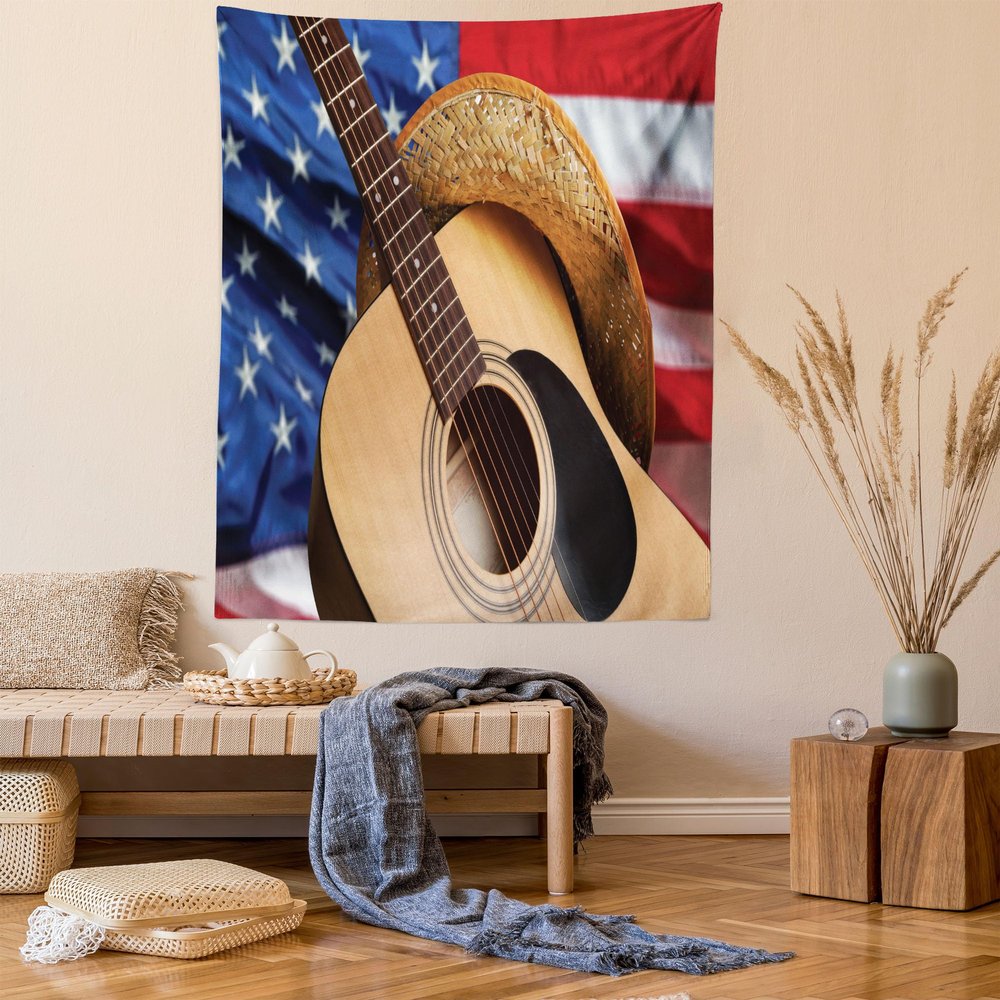 Lunarable Western Tapestry, Country Music Acoustic Guitar American Flag Popular Fourth of July Photo, Fabric Wall Hanging Decor for Bedroom Living Room Dorm, 30" X 45", Beige Cadet Blue