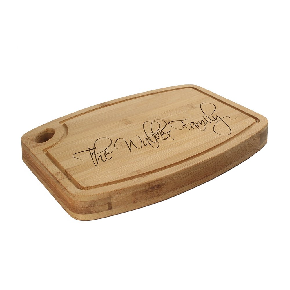 BambooMN Custom Laser Engraved Bamboo Cutting Board - Simple Script Family Name - 1 Piece - 11.75" x 8.63" x 0.4" (Grooved w/hole) - Customized Personalized Kitchen Gift for Couples, Weddings, Closing
