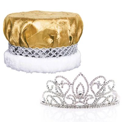 Anderson's Gold Crushed Satin King Crown and Adela Queen Tiara Royalty Set, King and Queen Set For Prom, Homecoming, School Dance, Costume, Party, Pageant, Event