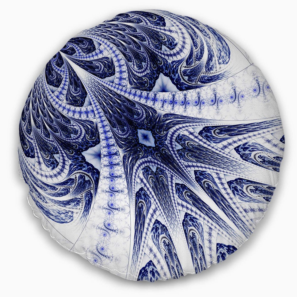 Designart Symmetrical Dark Blue Fractal Flower' Floral Throw Living Room, Sofa, High Quality Pillow Insert + Cushion Cover Printed On Both Side 20" Round