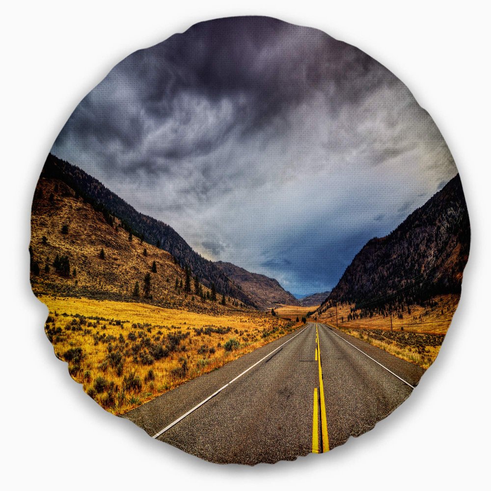 Designart Mountain Desert Highway British Columbia' Landscape Throw Living Room, Sofa, High Quality Pillow Insert + Cushion Cover Printed On Both Side 20" Round