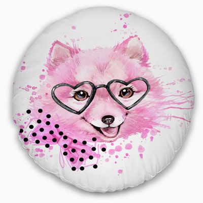 Designart Pink Dog with Heart Glasses' Contemporary Animal Throw Cushion Pillow Cover for Living Room, Sofa 20" Round
