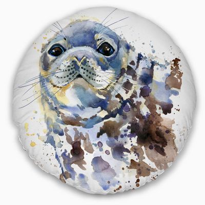 Designart Blue Marine Seal Watercolor' Contemporary Animal Throw Cushion Pillow Cover for Living Room, Sofa 20" Round