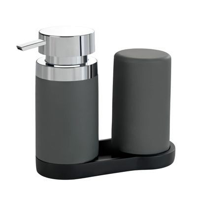 WENKO Dish Soap Dispenser for Kitchen Sink, Squeeze Bottle for Washing Up Liquid and Hand Lotion, Round Refillable Plastic Bottles, Easy to Fill and to Use, Each 8.5 Oz, Gray