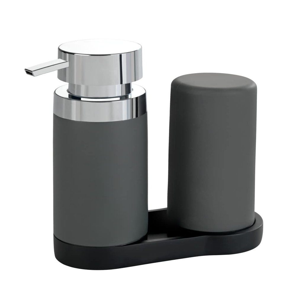 WENKO Dish Soap Dispenser for Kitchen Sink, Squeeze Bottle for Washing Up Liquid and Hand Lotion, Round Refillable Plastic Bottles, Easy to Fill and to Use, Each 8.5 Oz, Gray