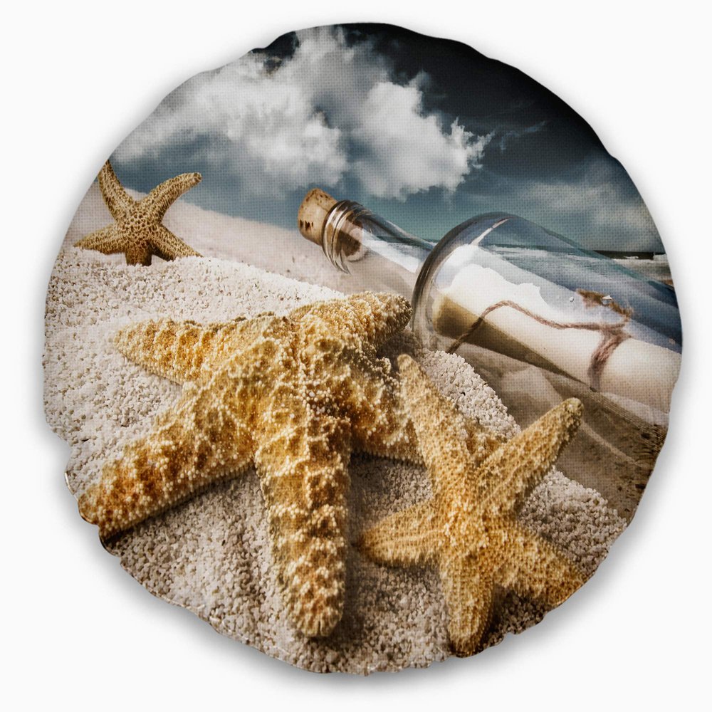 Designart Message Bottle Buried in Sand' Seascape Throw Living Room, Sofa, High Quality Pillow Insert + Cushion Cover Printed On Both Side 20" Round