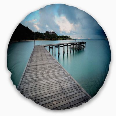 Designart Wooden Bridge to Calm Ocean' Modern Throw Cushion Pillow Cover for Living Room, Sofa 20" Round