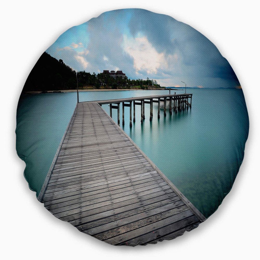 Designart Wooden Bridge to Calm Ocean' Modern Throw Cushion Pillow Cover for Living Room, Sofa 20" Round