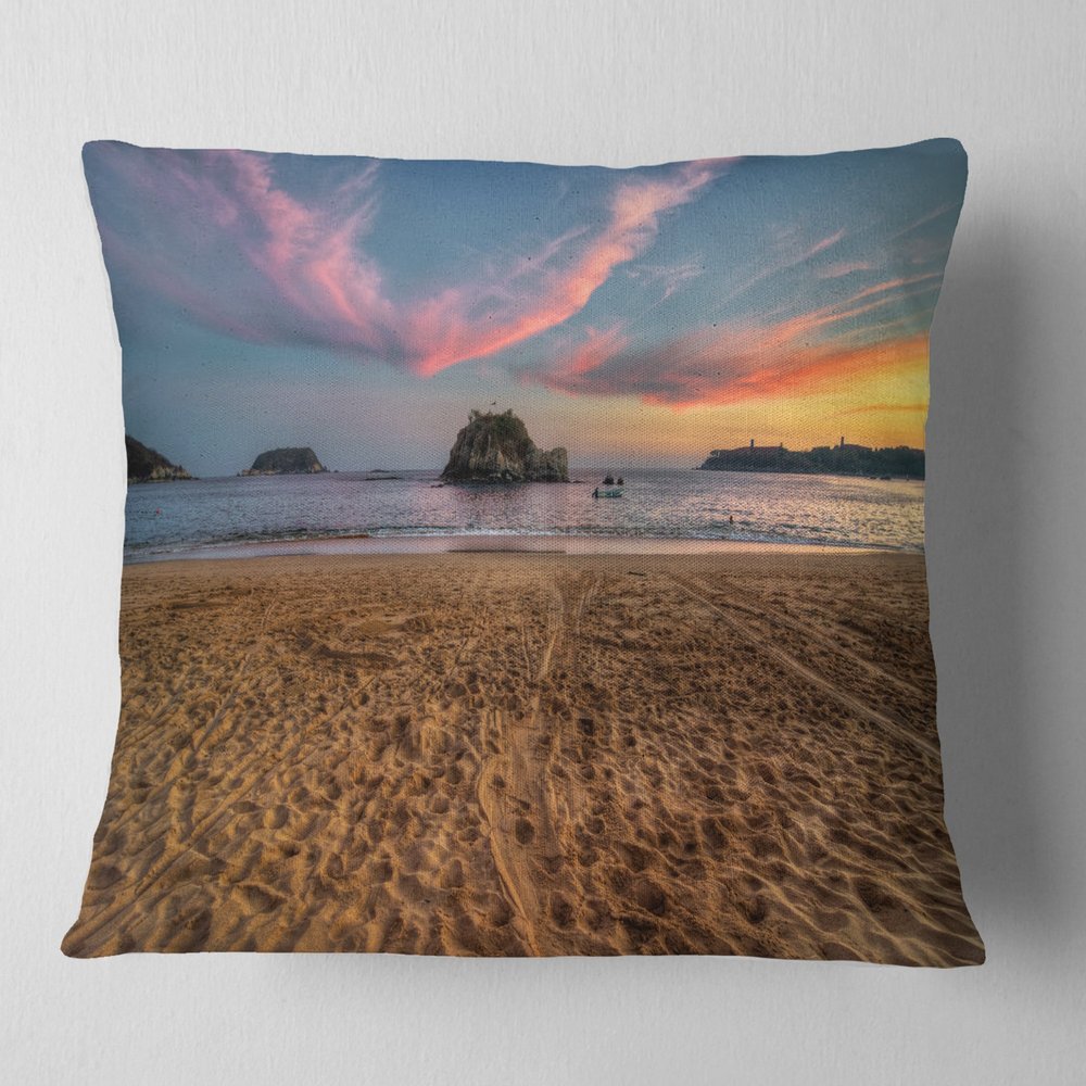 Designart Trodden Sand on Beach at Sunset' Seashore Throw Living Room, Sofa, High Quality Pillow Insert + Cushion Cover Printed On Both Side 18 in. x 18 in