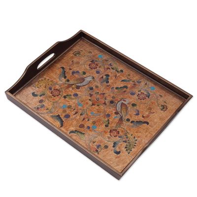 NOVICA Brown Glass and Wood Food Safe Tray, 'Countryside Garden'