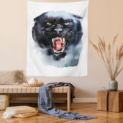 Lunarable Animal Tapestry Twin Size, Wildlife Angry Looking Panther Watercolor Portrait Brushstroke Print, Wall Hanging Bedspread Bed Cover Wall Decor, 68" X 88", Blue Black