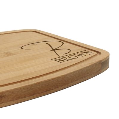 BambooMN Custom Laser Engraved Bamboo Cutting Board - Letter Script Monogram Thin - 1 Piece - 11.75" x 8.63" x 0.4" (Grooved w/hole)